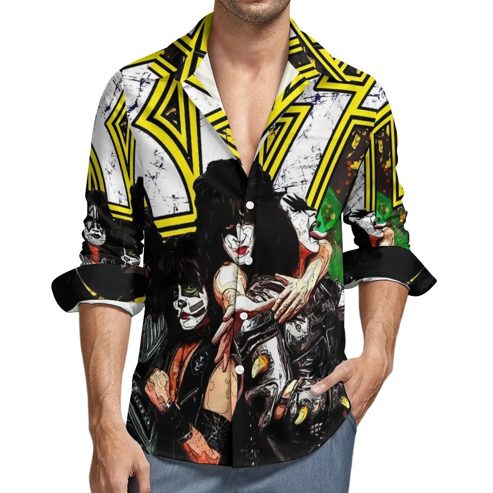 Homens e mulheres Kiss Band Camisa de lapela estampada 3D, moda casual, camisas de mangas compridas, roupas unissex de grandes dimensões