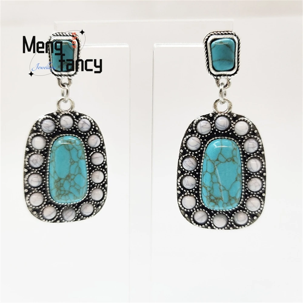 

New Retro Silver Turquoise Earrings Bohemian Trend Exaggerated Earrings Set With Natural Turquoise Exquisite Elegant Popular