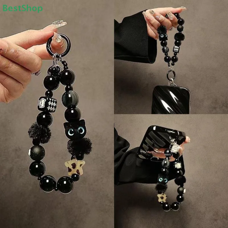 ♥Niche Black Plush Cat Phone Strap Beaded Hand Chain Wrist Strap Car Keychain Bag Charm