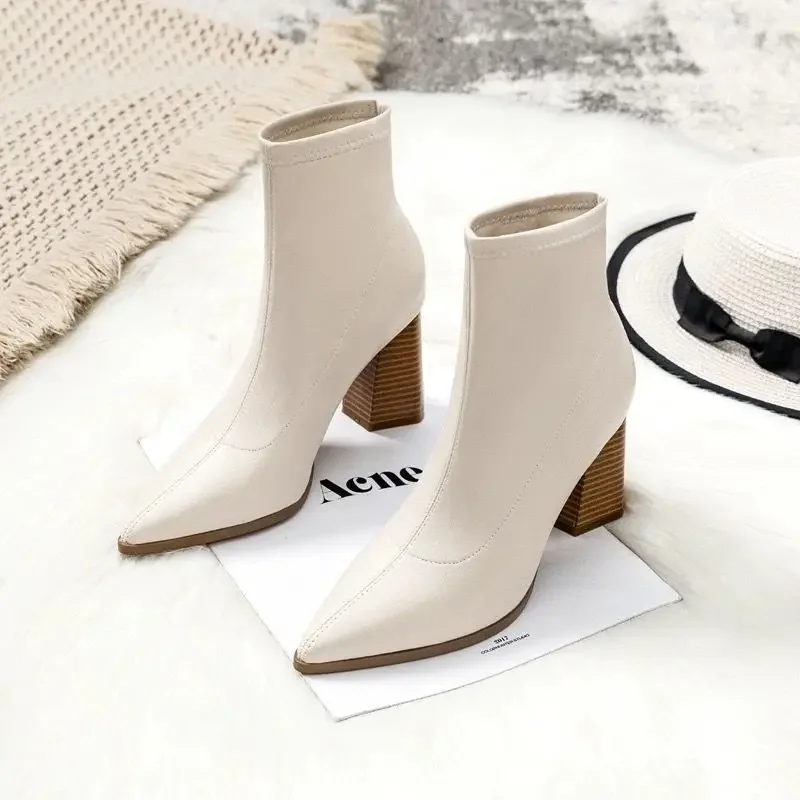 Ankle Boots For Women\'s Thick Heel Spring Autumn Single Boots New Pointed High Heels 7CM Nude Shoes Mid-heel Black Botas Mujer