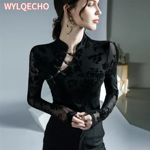 2023 Women Chinese Vintage Base Shirt Sexy Lace Top National Ethnic Velvet Shirt Oriental Retro Tang Suit Traditional OL Shirt