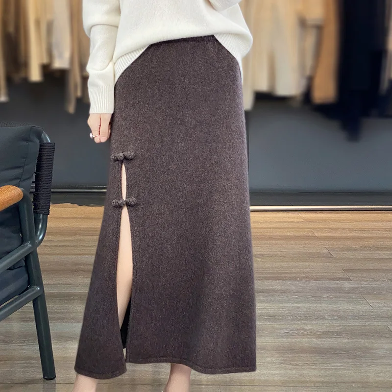 Women 100% Wool Skirt Autumn Winter Ankle-length Vent Skirt High Waisted Cashmere High End Thick A-Line Knit Wild Base Skirt