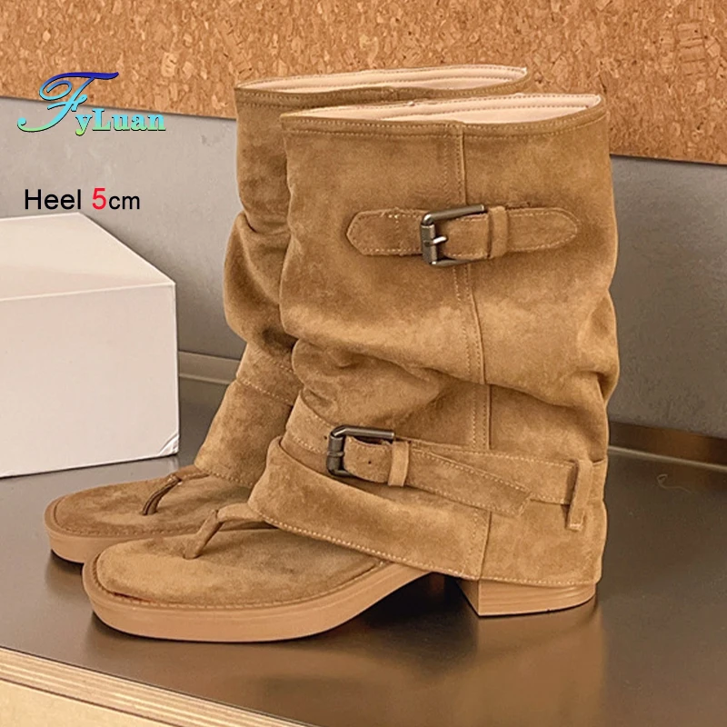 

Height Increasing Thick Heels 5cm New Spring Summer Khaki Suede Women's Mid-Calf Boots Round Toe Belt Buckle Flops Elastic Boots