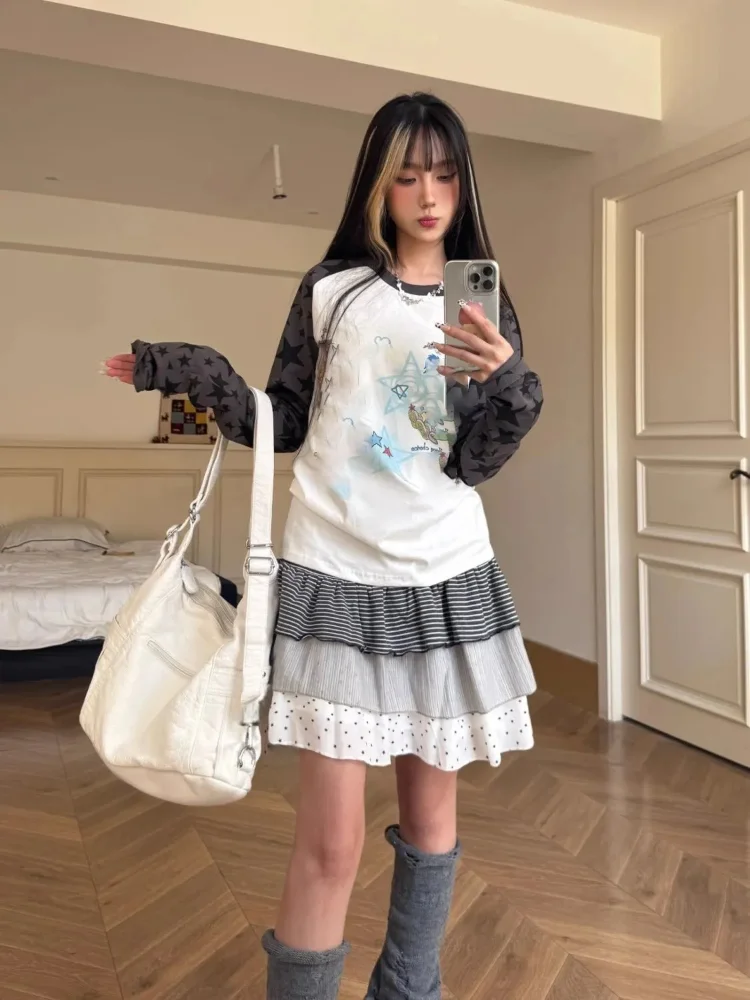 

2025 Sweet Casual Patchwork Striped Skirts A-line Ruched Cake Skirt For Women Summer Subcultural Faldas De Mujer