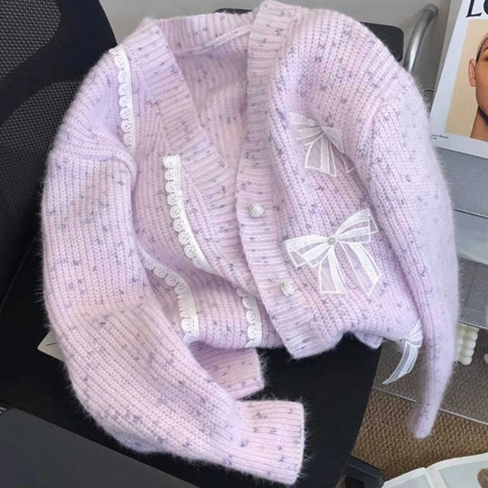 

Французский нежный стиль, свитер с кружевом и бантом, кардиган, женский весенне-осенний ленивый стиль, свободное однобортное вязаное пальто с v-образным вырезом, большое