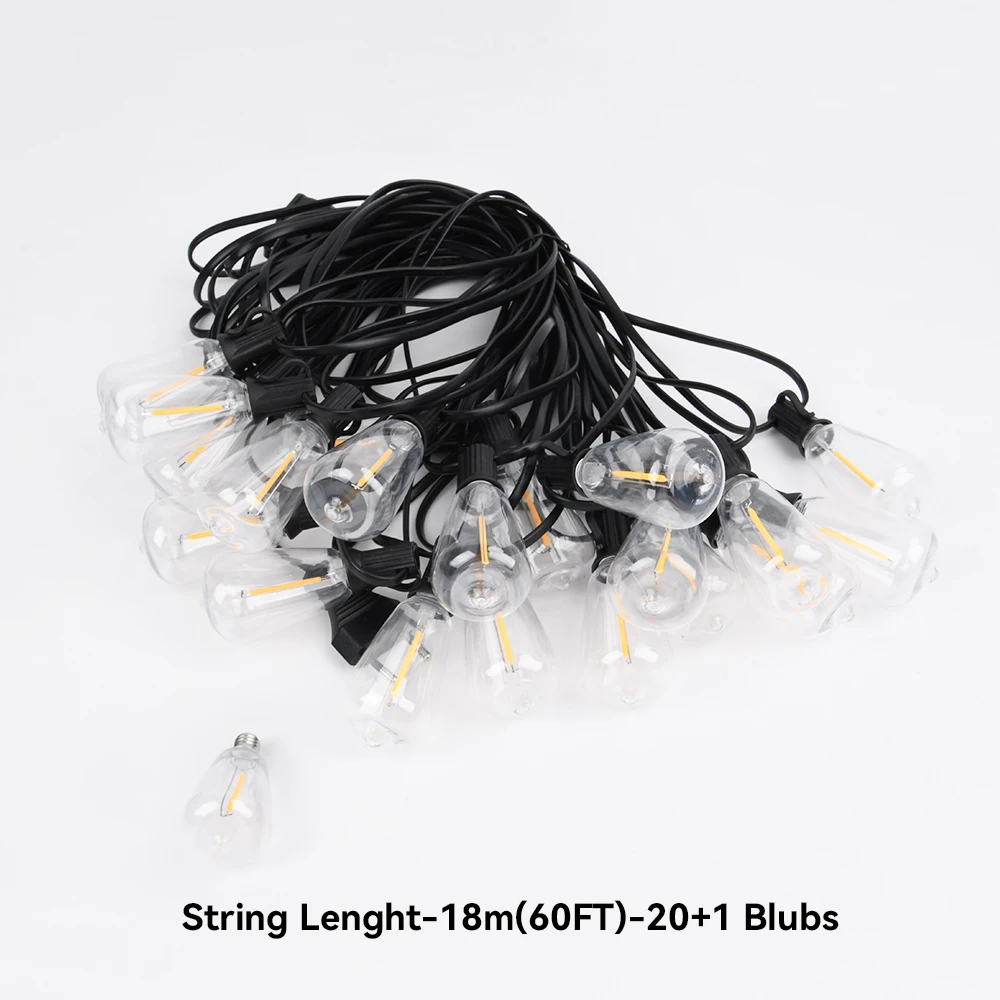 65FT Outdoor-Girlanden-Lichterkette, 48 LEDs + 2 bruchsichere ST38-Edison-Glühbirnen, wasserdicht, für Terrasse, Veranda, Garten, Hochzeit, Dekor, Lampen, 2200 K – Detail 11
