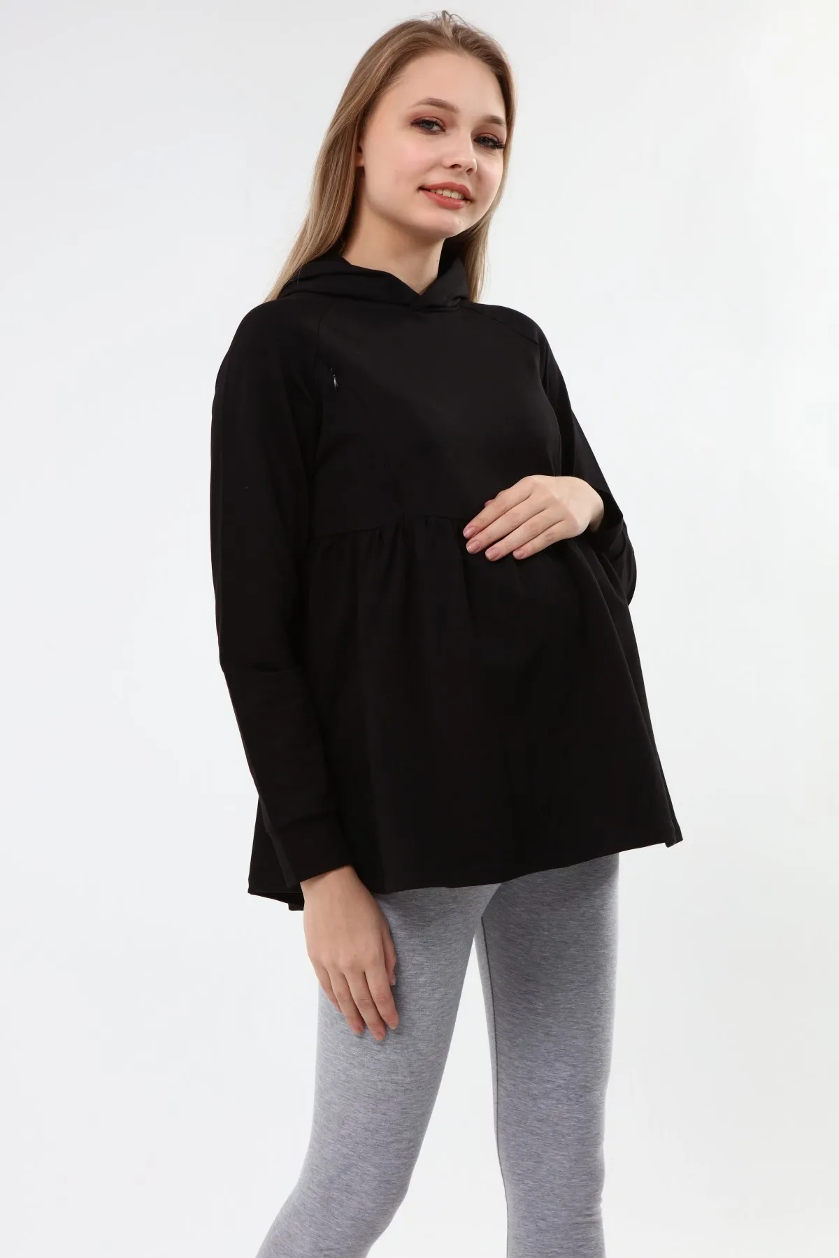 Luvmabelly MYRA4531 Geraffte Reißverschluss Stillen Sweatshirt-Schwarz