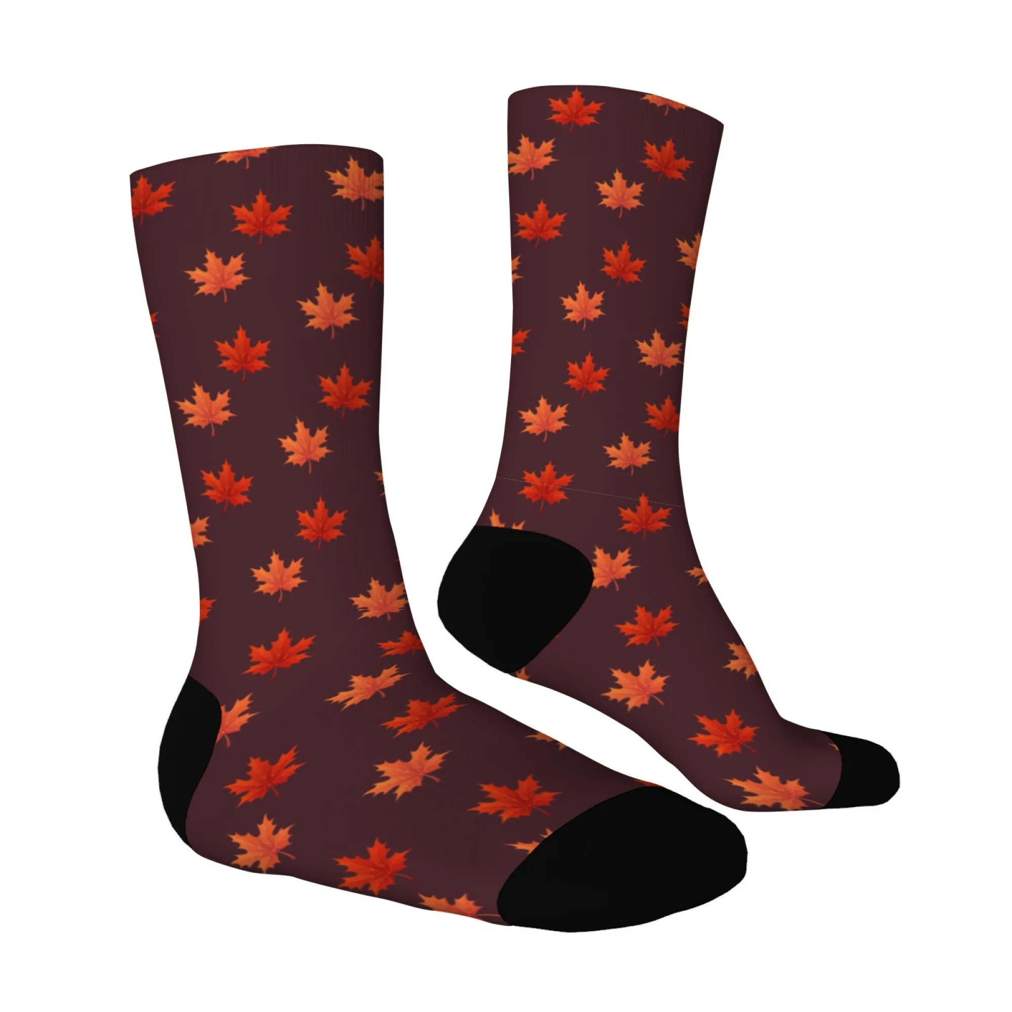 A pair of women's casual mid-calf socks for autumn and winter featuring a fun retro maple leaf pattern sweet and comfortable