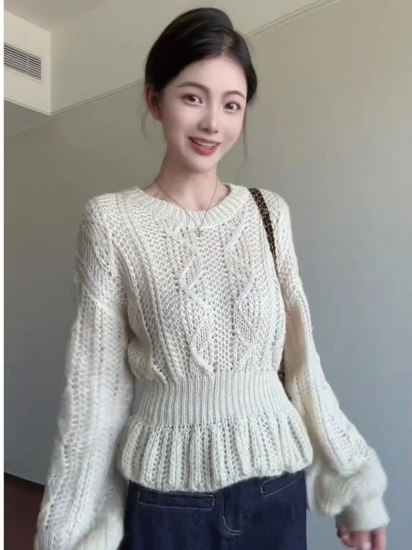 

Retro Korean Sle Women's Knitted Sweater Hollow out Waist-Cinching Spring Base Layer Inner Wear Loose Lazy Sle