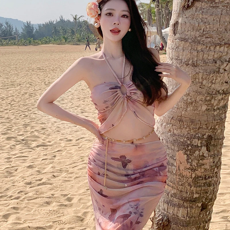 Sexy Pleated Seaside Holiday Strap Dresses For Women Printing Large Swing Long Dresses Summer Backless Casual Sundress Vestidos