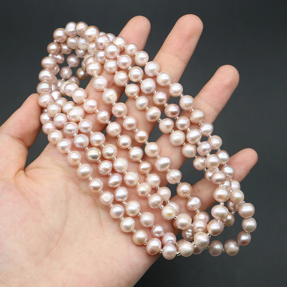 7-8mm Natural Freshwater Pearl Long Beaded Necklace Round Pearl Straight Hole Spacer Bead Handmade Exquisite Bracelet Accessory