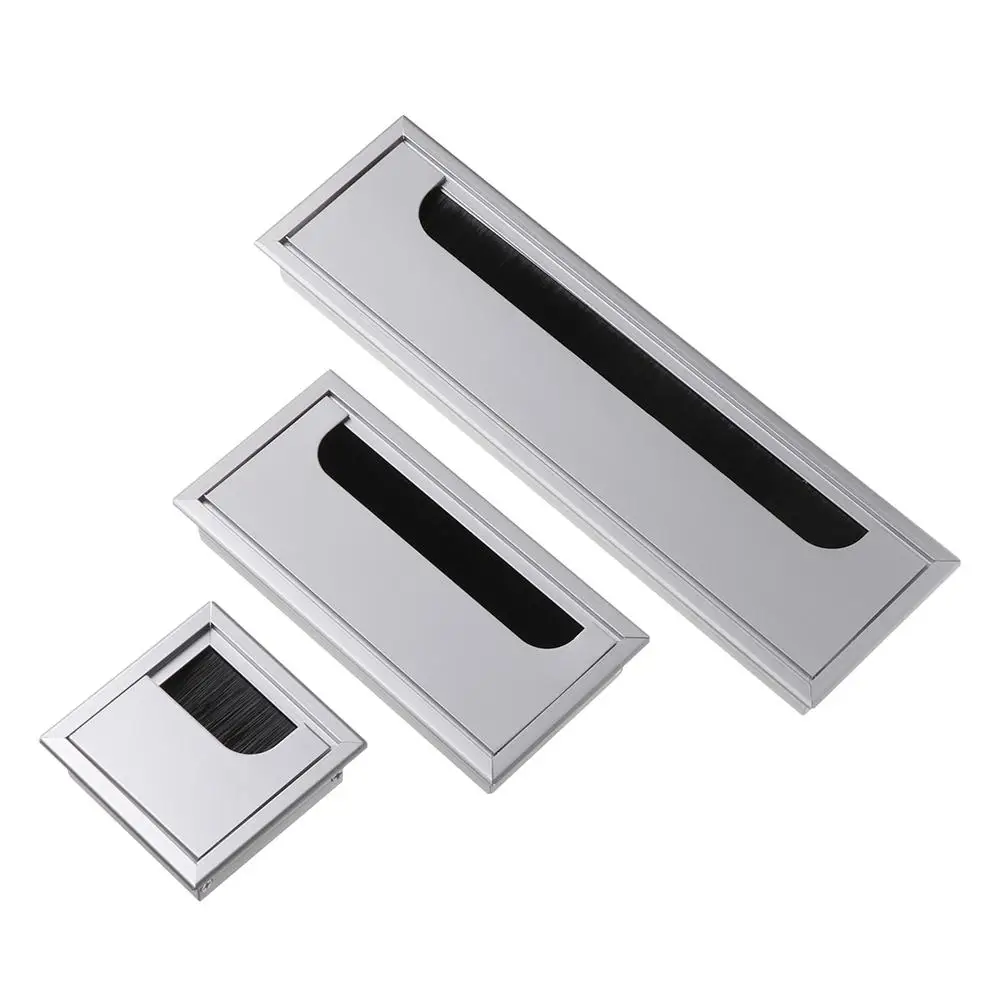 Aluminum Alloy Office Table Hole Cover Outlet Port with Black Brush PC Desk Rectangle Wire Cable Grommet