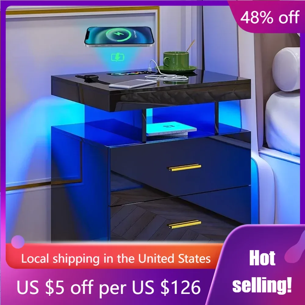 

Furnitures Modern Bedside Table Has Auto Sensor 24 Light Colors&2 Drawer LED Nightstand Designer Luxury Bag Sss Supply Furniture