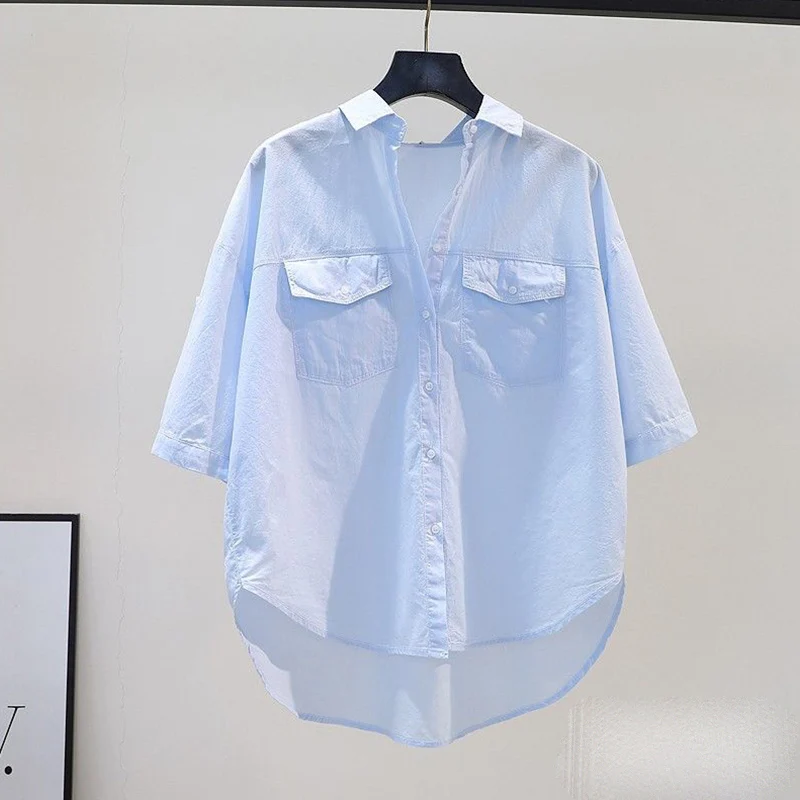 Double Pocket Thin Pure Cotton Shirt for Women\'s Pink Loose Short Sleeved Casual 2024 Summer Artistic Style Versatile Trendy Top