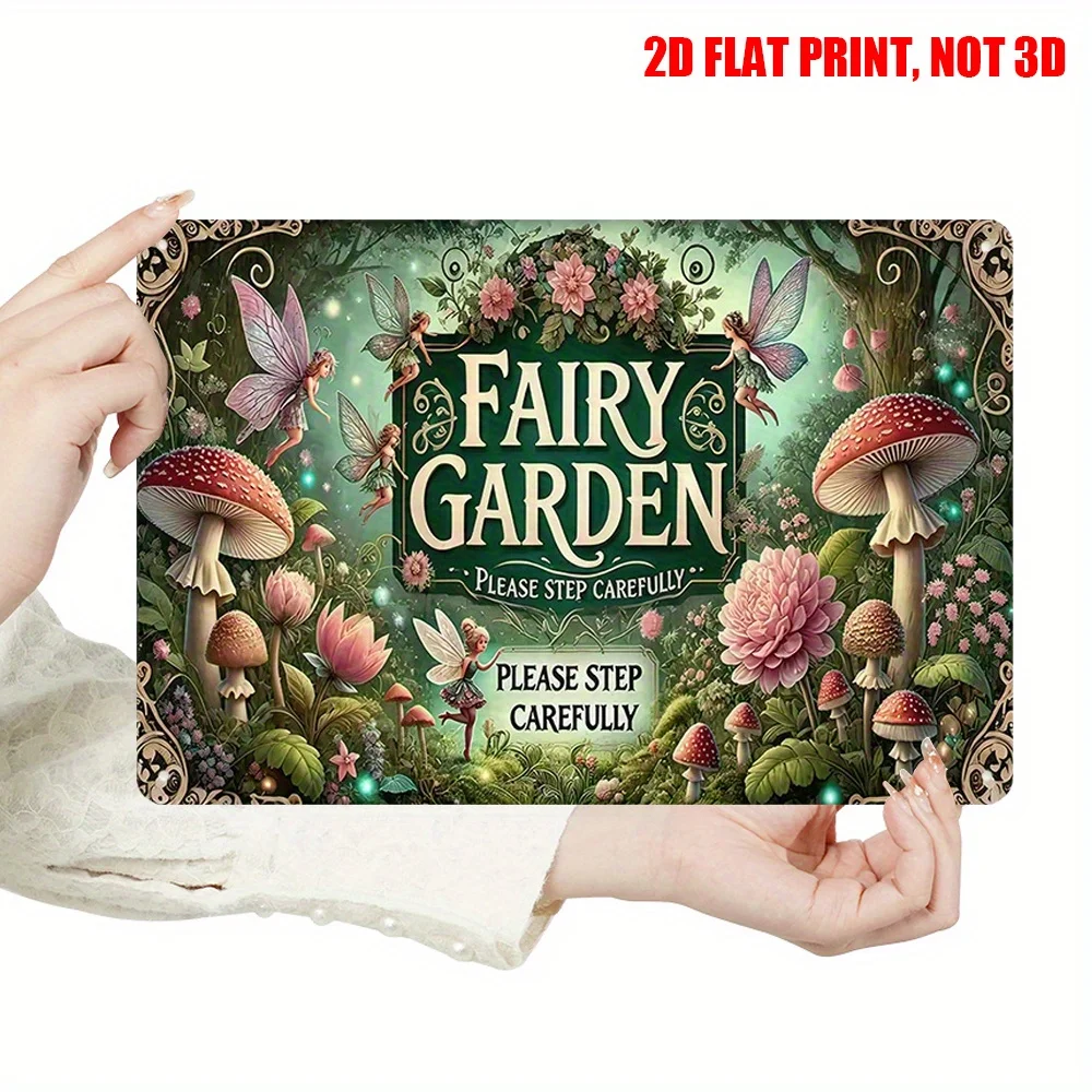 2D Flat Magic Forest Fairy and Mushroom Metal Sign, 12 * 8 Inch Charming Fairy Garden Metal Decoration Plaque,
