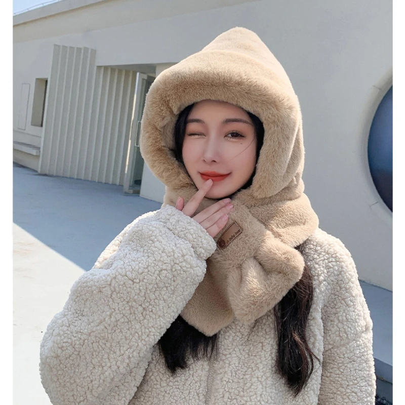 Scarf Hat Integrated Adult Style Autumn and Winter Warm Plush Thickened Imitation Rabbit Fur Cute Ear Protection Couple Style