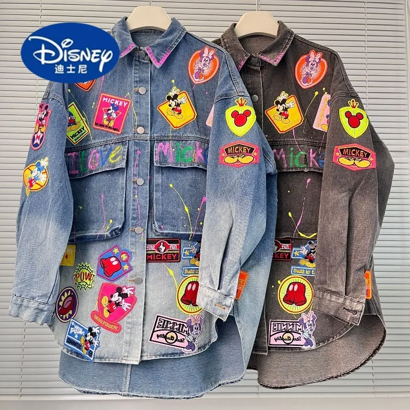 

Disney Women's 2025 Autumn Denim Jacket, Loose Fit Graffiti & Cartoon Patches with Asymmetric Hem Shirt