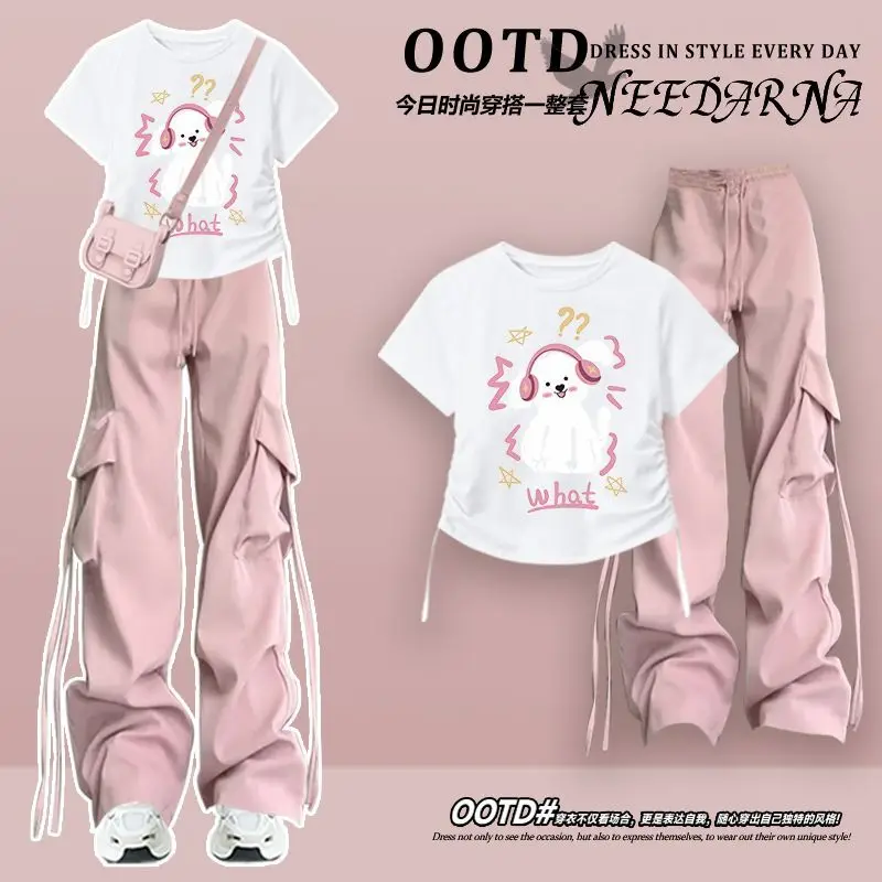 Spring/Summer Fashion Women\'s Set 2024 New Korean Edition Dopamine Wearing Pink Work Pants Age Reducing Two Piece Set