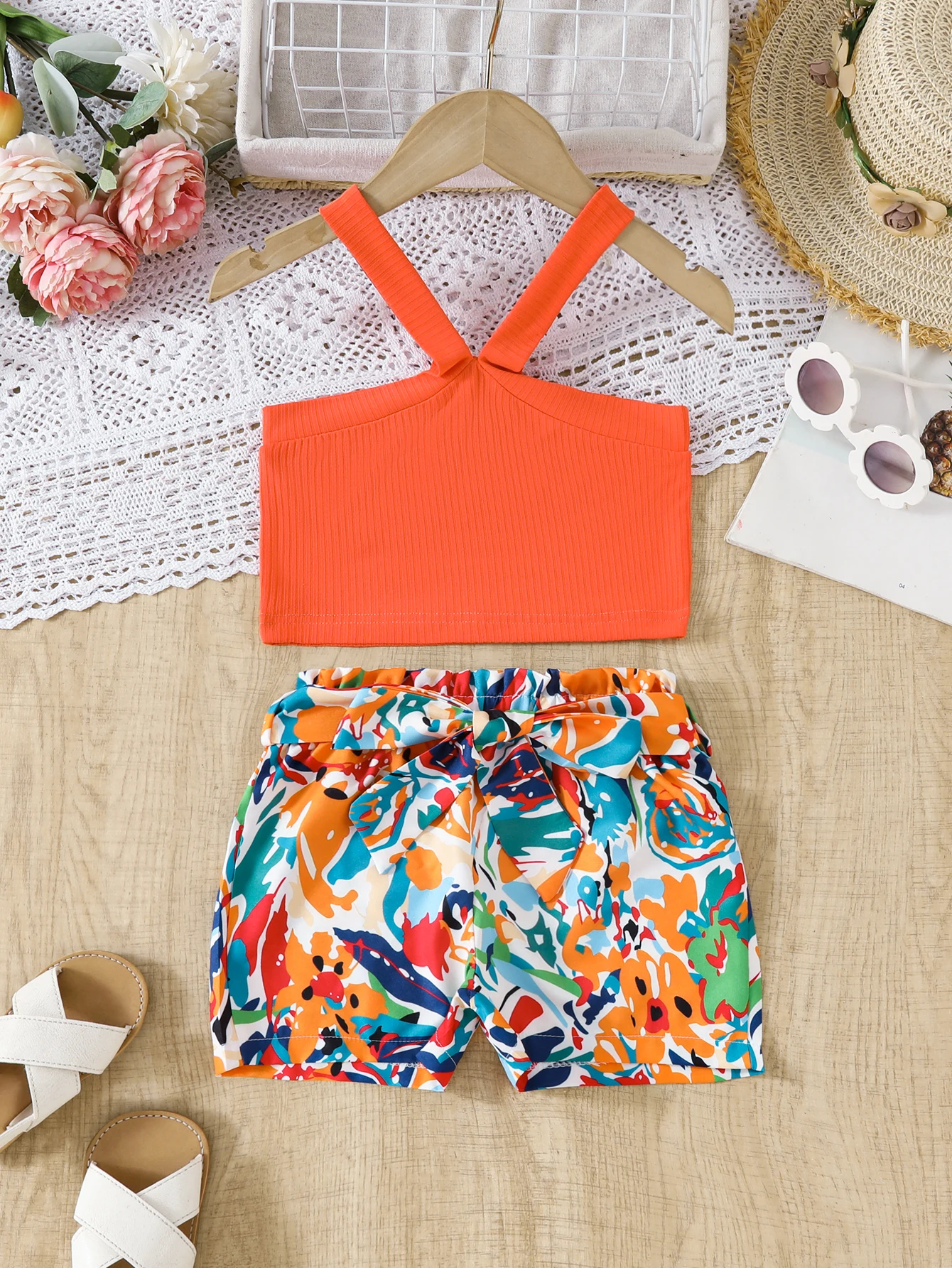 Baby and toddler casual striped crossover tank top with printed shorts 2-piece set