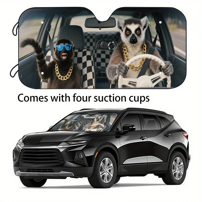 

1pc Funny Car Sunshade With Fashion Glasses Lemurs Design - UV Blocking Sun Shield, Foldable Sunshade For SUVs, Sedans, Trucks -