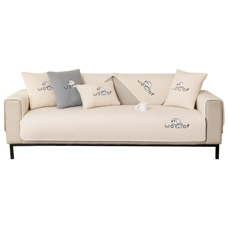 

Winter lamb wool non-slip embroidered cartoon sofa cover thickened skin-friendly solid color sofa cushion