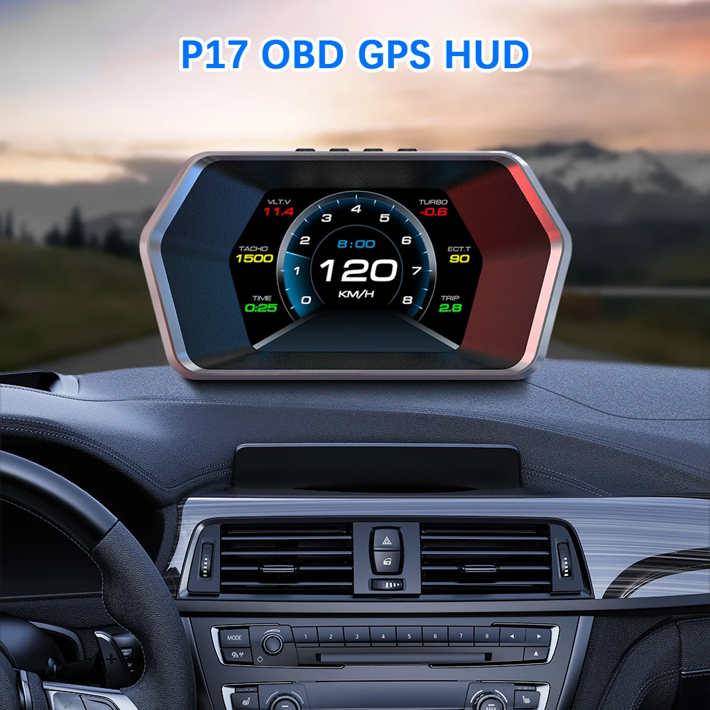 Car HUD Digital Clock KMH RPM Mileage Meter OBD GPS Head Up Display 4.3 Inch Speedometer P17 Multi Functional Overspeed Alarm