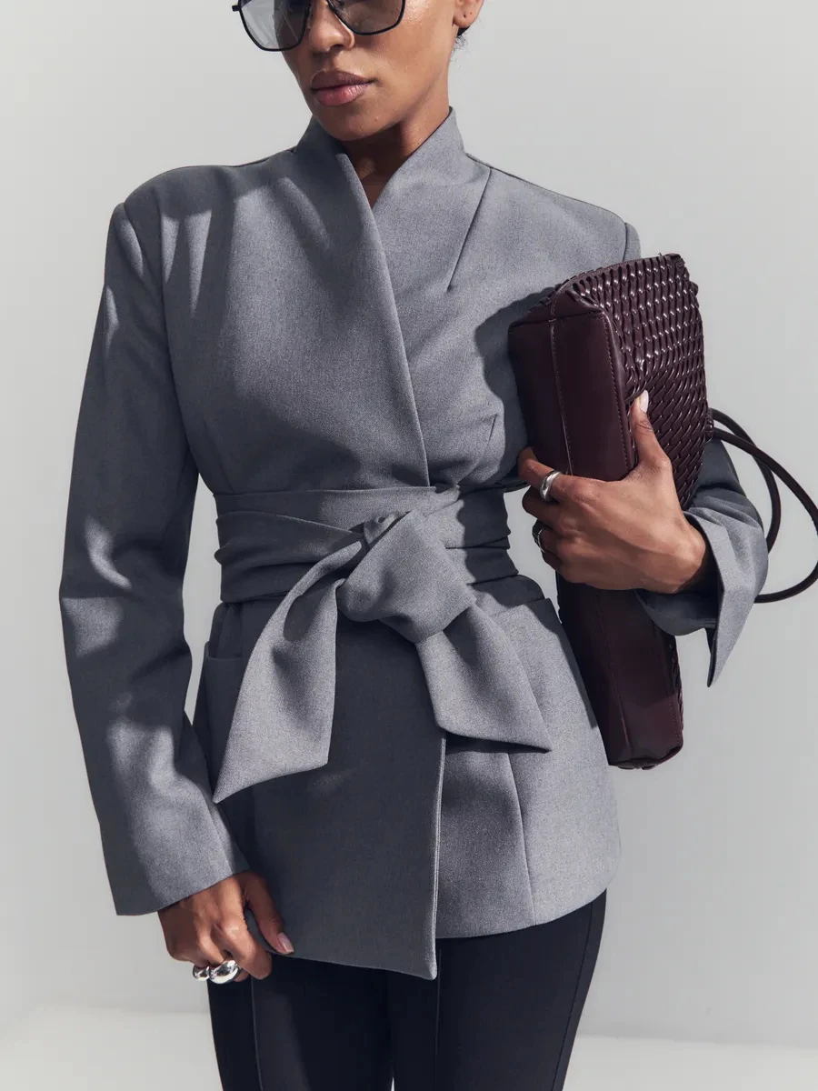 

BJTZ 2026 Belted Stand Collar Women's Commute Blazer Spring Autumn Elegant Slim Fit Office Lady Business Casual Work Coat