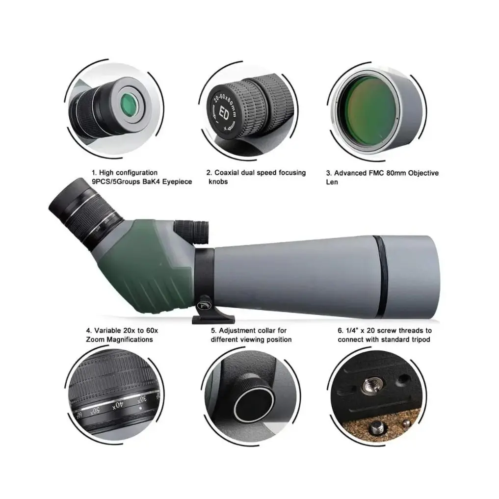 20-60x80 Dual Focusing ED Spotting Scope - Ultra High Definition Optics Scope with Carrying Case and Smartphone Adapter