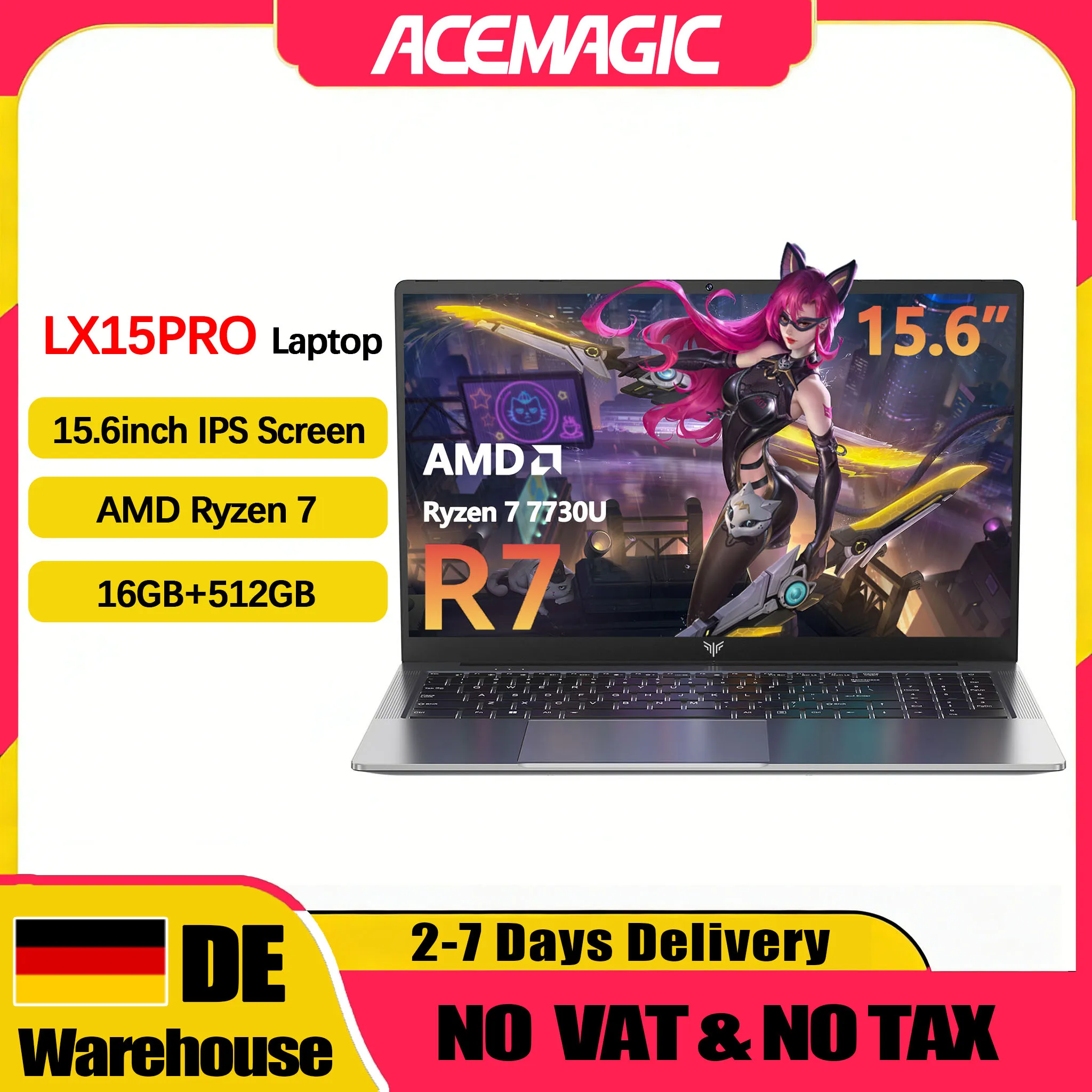 ACEMAGIC LX15PRO Laptop-Computer AMD Ryzen 7 7730U Windows Laptop 15,6-Zoll IPS 16GB DDR4 512GB NVMe SSD Numerische Tastatur