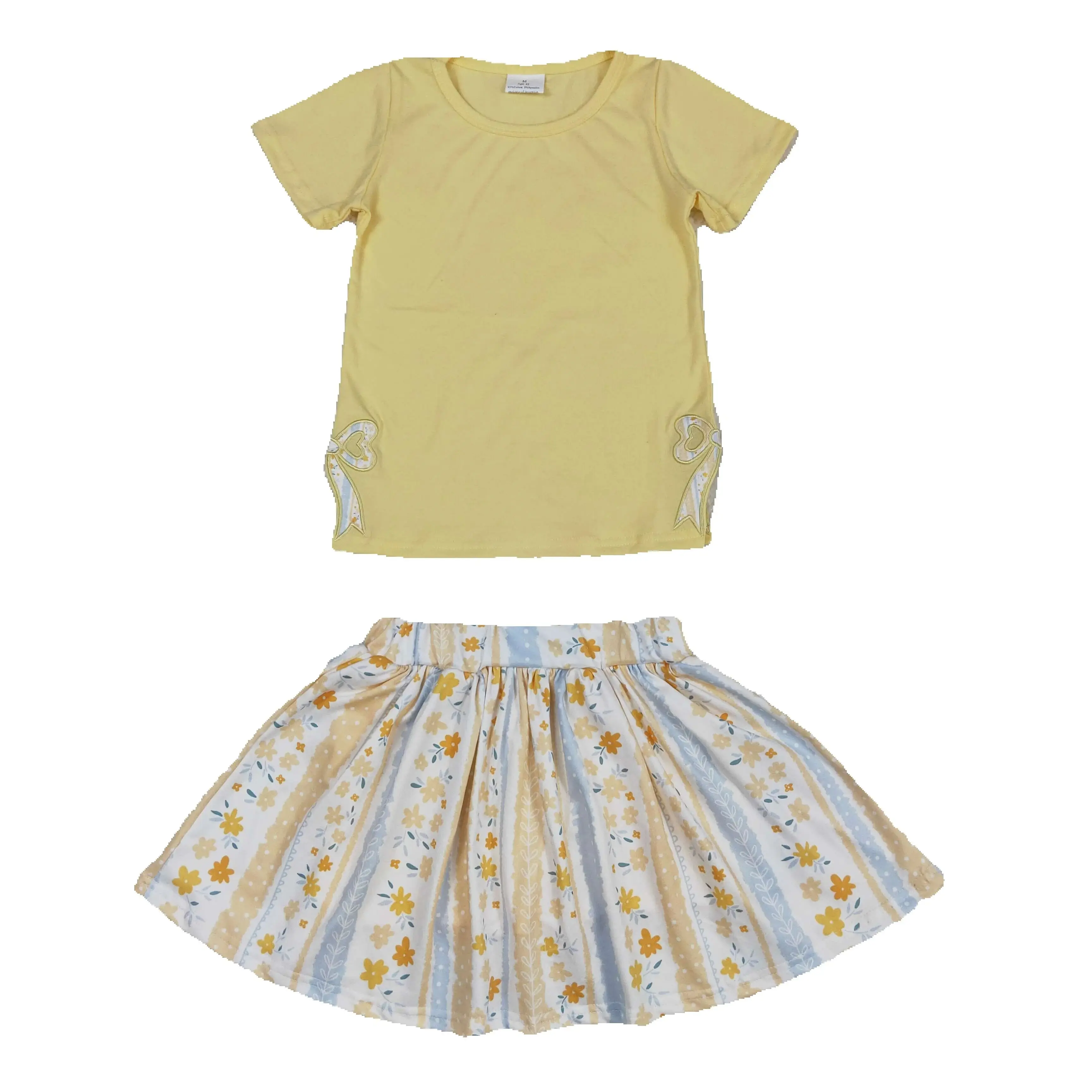 

GSD1716 RTS girl clothes yellow floral bow embroidery girl summer outfit skirt set