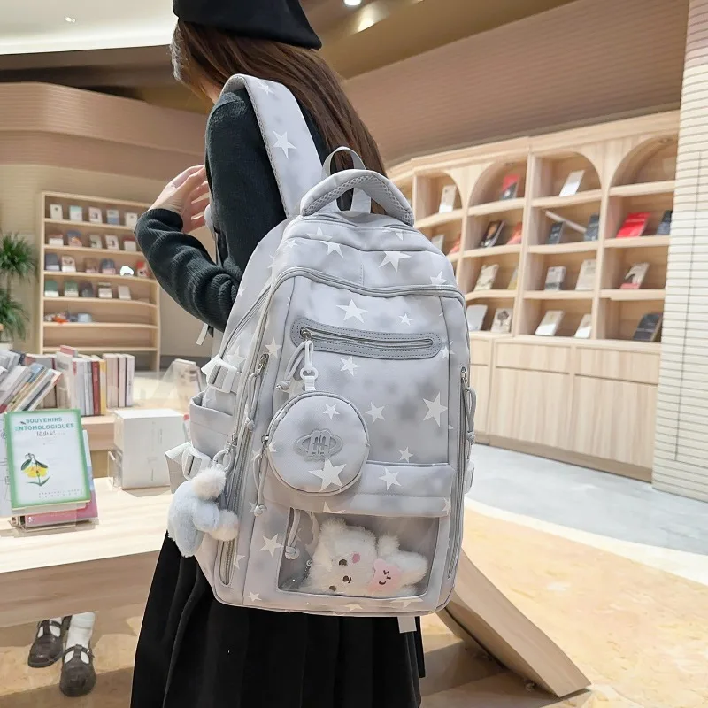 Gradient-Color Star-Print Backpack Teen Student School Bag Youth Girls Sweet Cute Daypack Large Light Waterproof Travel Rucksack