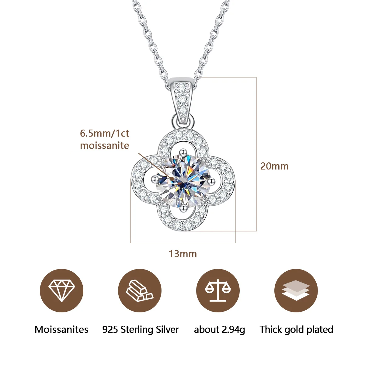 Felice 1CT Moissanite Four Leaf Clover Necklace 925 Sterling Silver With Cer D Color Lab Diamond 40+2+3CM Necklace For Women