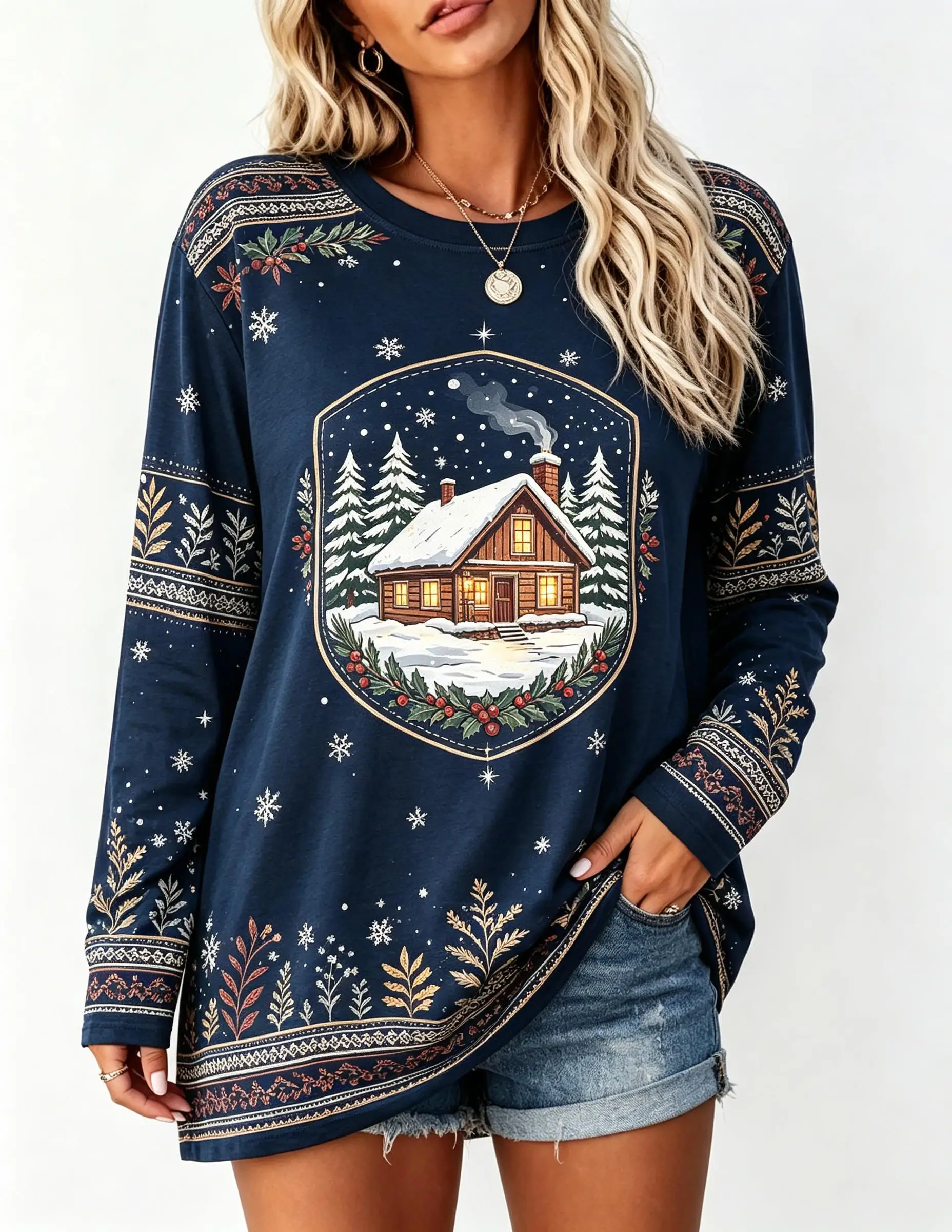 Women Long Sleeve T‑Shirt Christmas Snow Cabin House Pine Tree Snowflake Ethnic Print Crew Neck Casual Tops