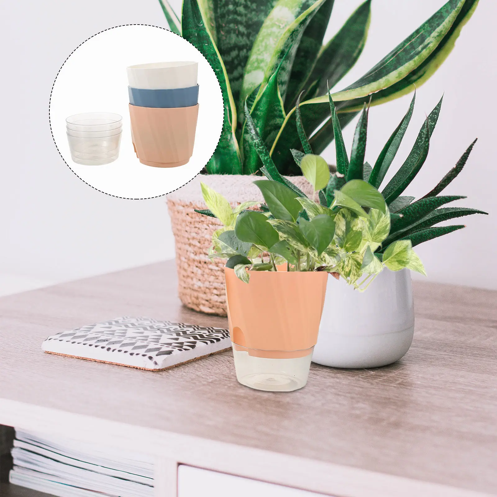 3Pcs Clear Self-Watering Planter Pot Transparent Plastic Automatic Water Absorbing Pot for Indoor Plants Air Purifying Desk