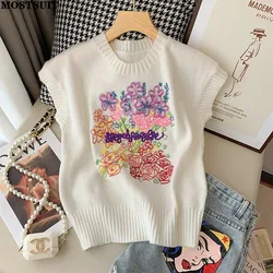 White Embroidered Sweater Vest Women Knitted Pullover Knitwear Sleeveless O-neck Vintage Elegant Fashion Chic Stylish Ladies Top