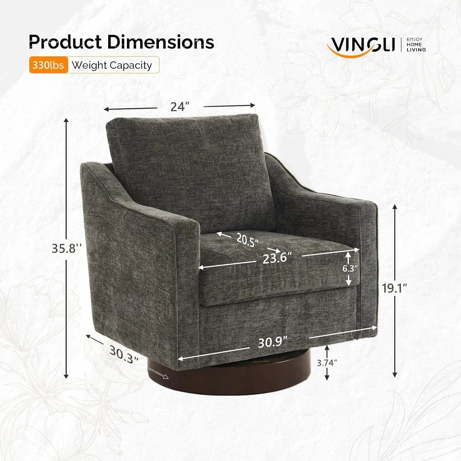 Mid-Century Modern Swivel Accent Chair, 360°Upholstered Armchair, Home Sofa with Track Arms for Living Room, Bedroom, Reading Room, Club Swivel Chair, Chenille Grey