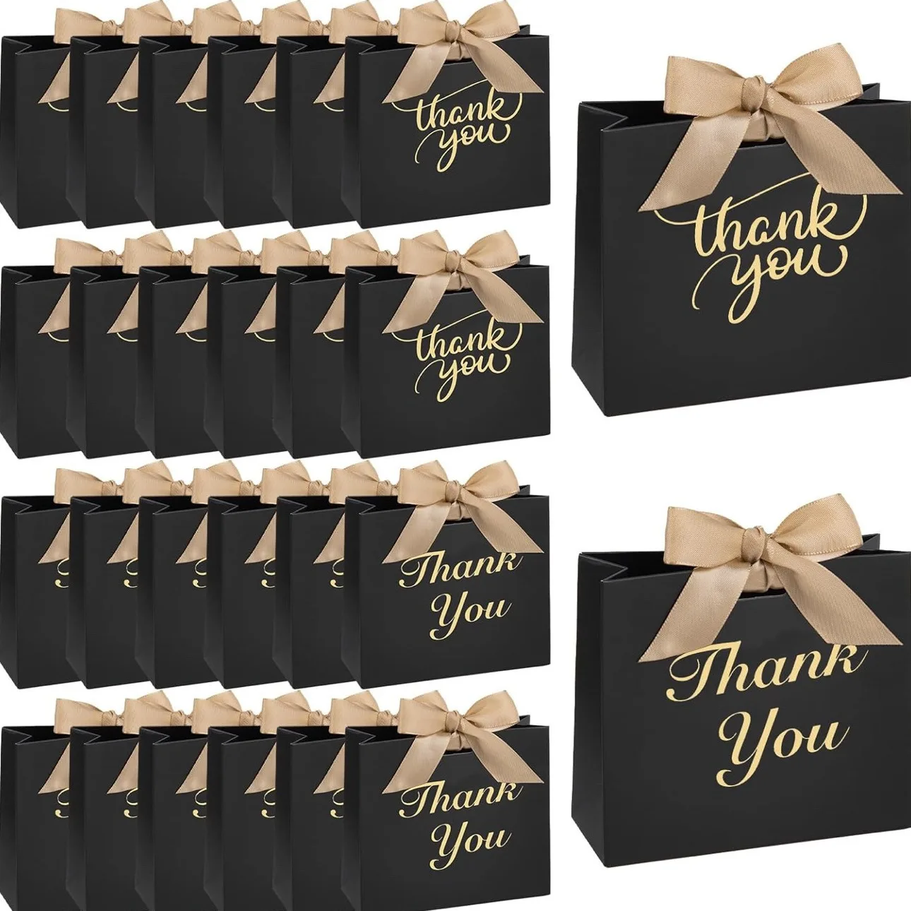 24Pack Small Thank You Gift Bags,4.5x1.7x3.9Inches Black Paper Gift Bags with Ribbon Mini Gift Bags Bulk Wedding Candy favor box