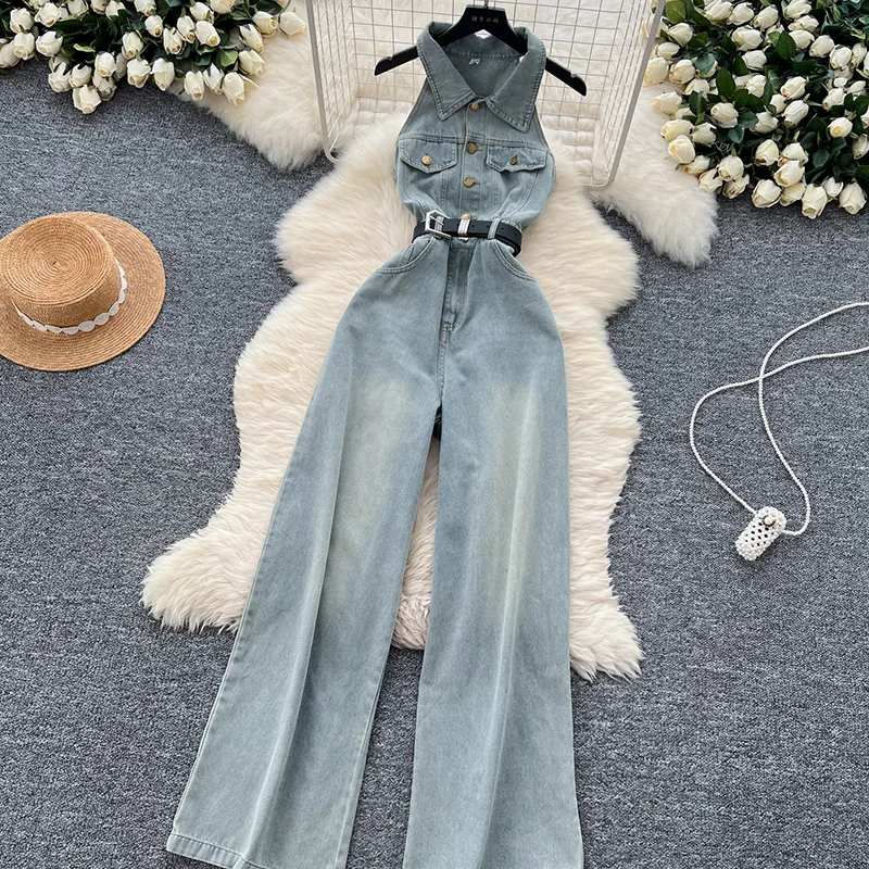Women Denim Jumpsuit Skinny Single Breasted Casual High-waisted Summer Button Turn-down Collar Wide-leg Jumpsuits Rompers