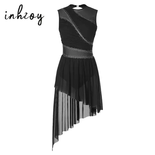 Vestido de patinaje artístico para mujer, leotardo de gimnasia de Ballet con dobladillo asimétrico elegante, disfraz de actuación lírica contemporánea moderna