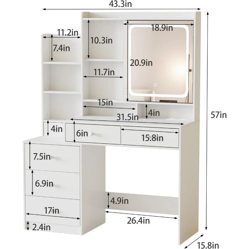 Vanity Desk com Espelho e Luzes, Maquiagem Vanity com 6 Gavetas e Prateleiras, Mesa com Tomada, LED