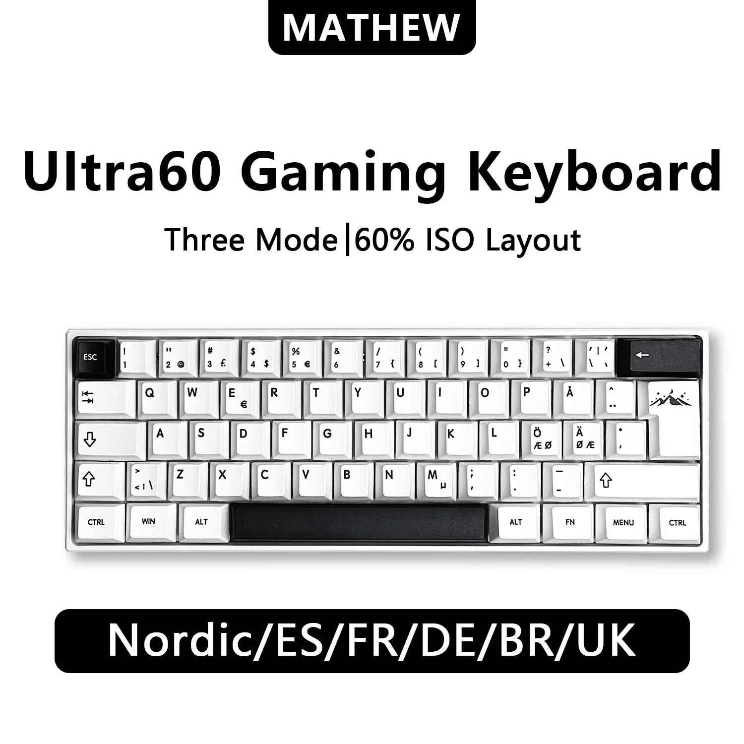 MATHEW Ultra60 3 Mode Wireless Black and White ISO Layout Mechanical Keyboard with RGB Hot-Swappable for Esports/Office Keyboard