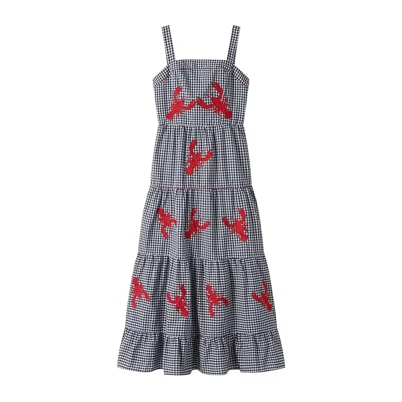 TRAF Embroidery Plaid Long Dresses Women Sleeveless Slip Midi Dress Woman Pleated Backless Beach Dress Vintage Summer Dress