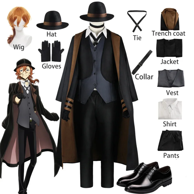 Anime Bungo Stray Dogs Cosplay Nakahara Chuuya Costumi Giacca Set completo con cappello Guanti Uomo Halloween Party Vestiti Vestito Parrucca