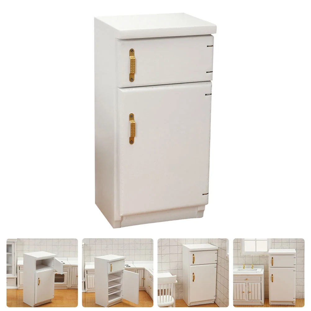 White Double Door Refrigerator Mini Adornment Fridge House Furniture Model Wood Miniature Household Wooden Accessory