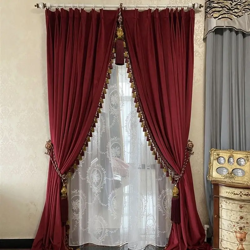 

Custom Noble American vintage wine red living room bedroom thick shading velvet cloth blackout curtain tulle drape C1893