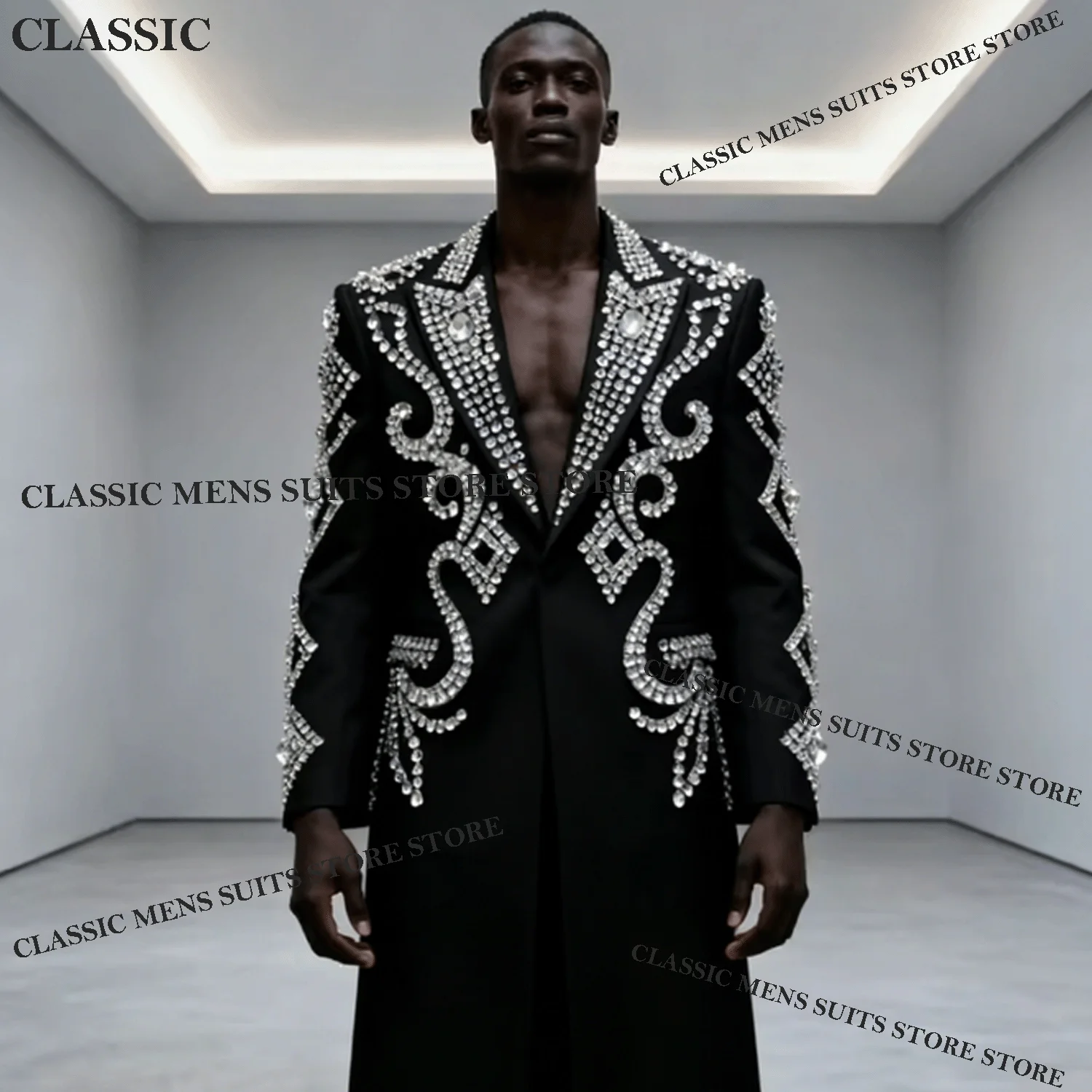 Customized Long Coat Men Suits Elegant Crystal Diamond 2 Pieces Groom Male Blazers Ropa hombre High End Slim Evening Tuxedos