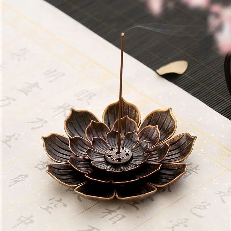 Alloy Incense Burner with 6 Holes, Lotus Shaped, for Stick Incense, Sandalwood Base, Used in Yoga Studios, and Home Decor