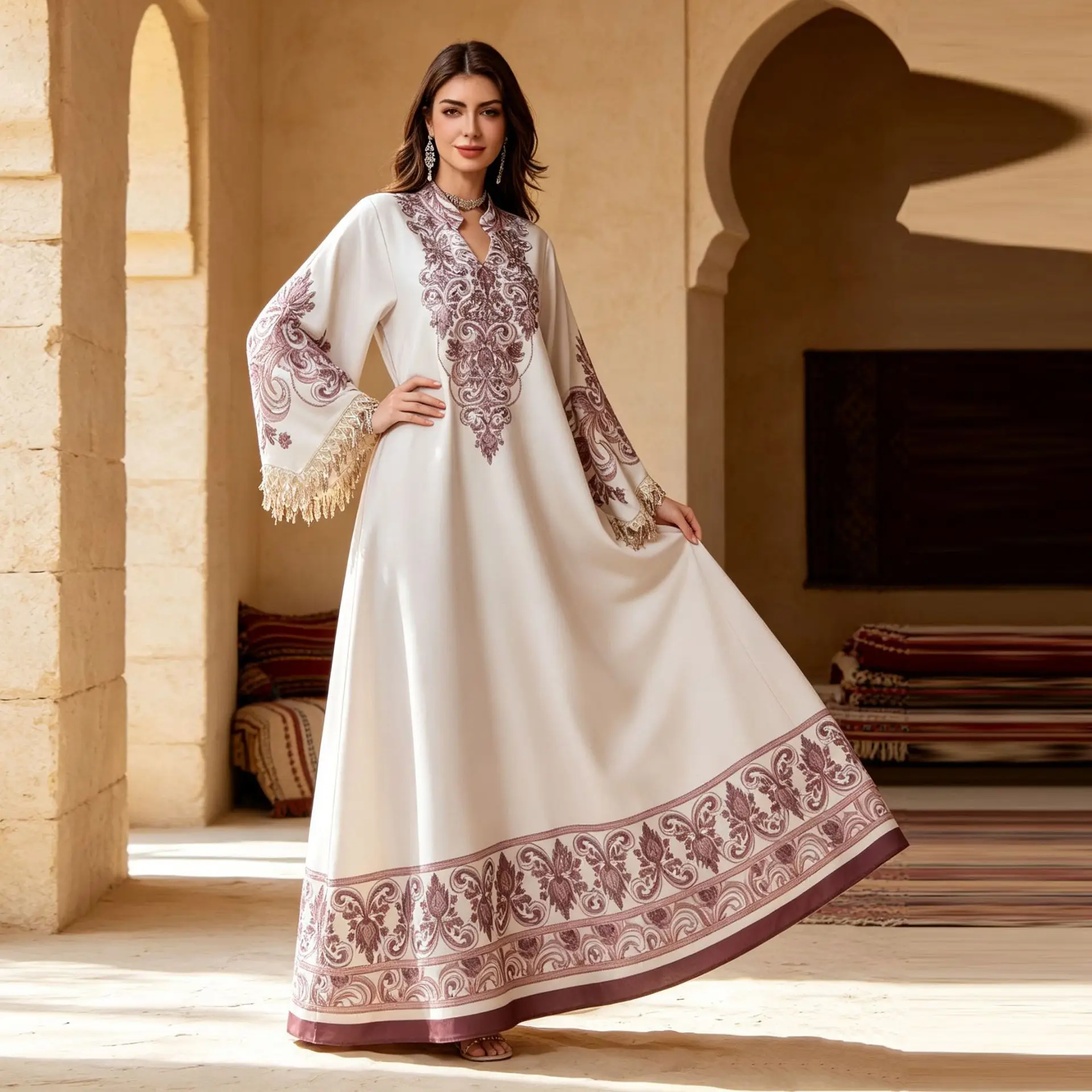 Muslim Print Dress Women Eid Abaya Party Dresses Jalabiya Diamonds Tassel Long Robe Ramadan Islam Vestidos Morocco Dubai Kaftan 2