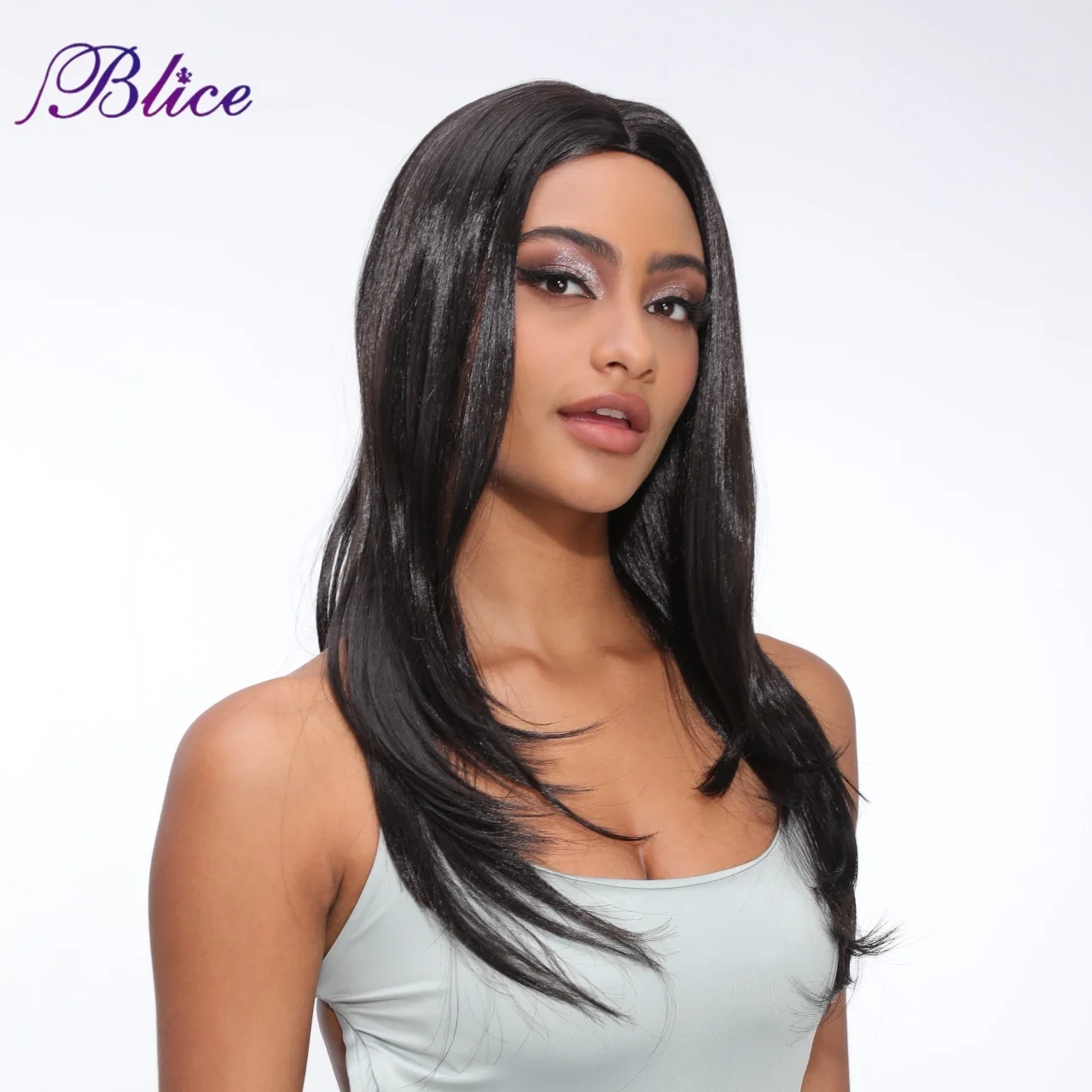 Blice Synthetic Long Wig Silk Straight Hair Extensions Natural Middle Part Women Wigs Black Color Without Bang