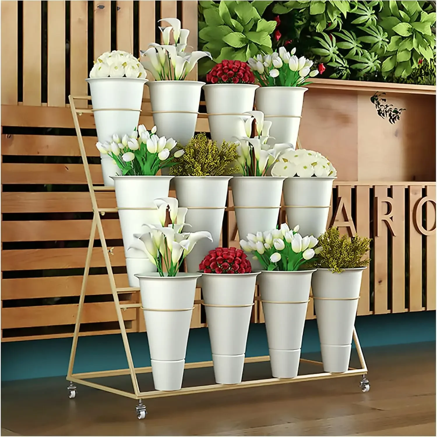 Stand Pajangan Bunga, Rak Gerobak Tanaman Bergerak Tugas Berat 3 Lapis Dengan Roda dan Ember